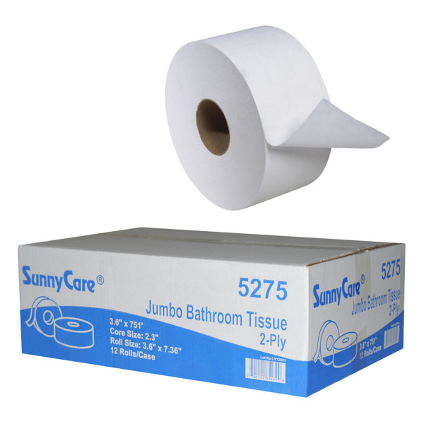 Sunnycare 2-ply Mini Jumbo Roll Bath Tissue, Size 3.6" X 751', 12 Rolls/Carton (5275)