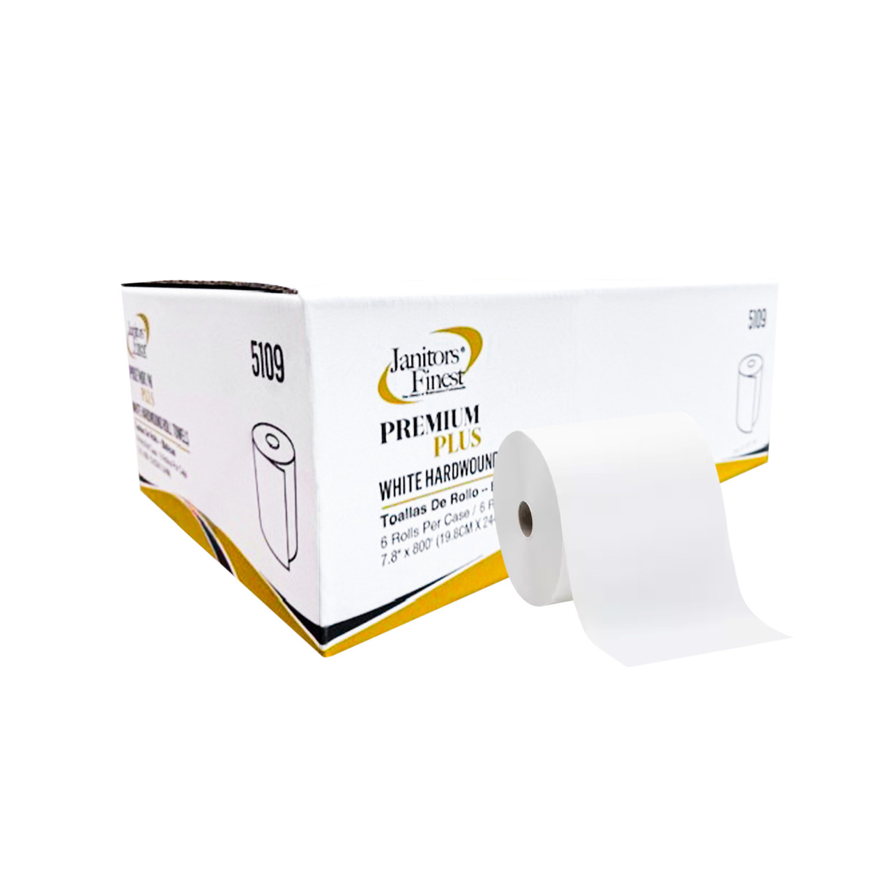 JANITORS FINEST, PREMIUM HARDWOUND ROLL TOWELS, 8" X 800FT, WHITE, 6 ROLLS/CARTON (5109)