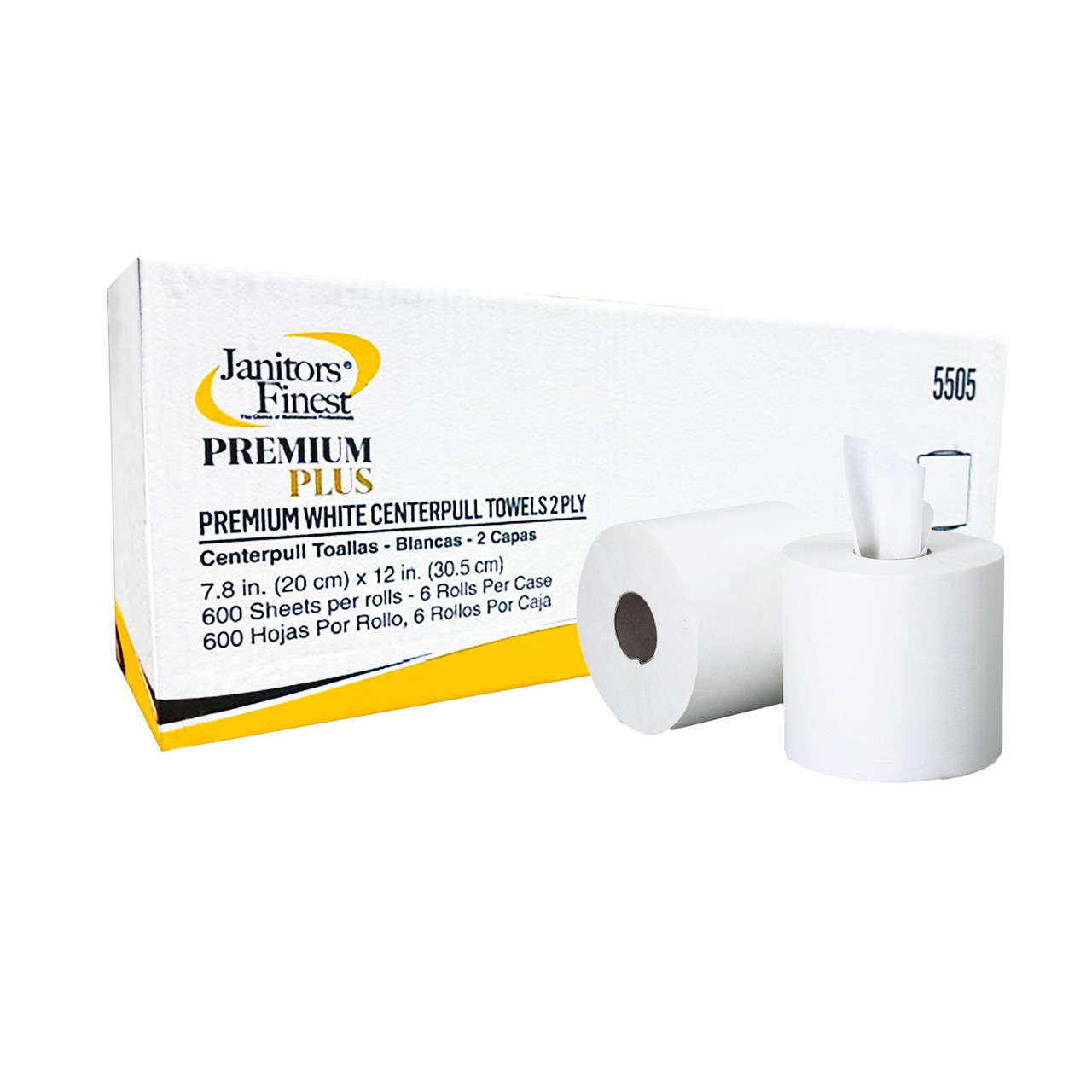 JANITORS FINEST, CENTER-PULL HAND TOWELS, 2-PLY, PERFORATED, 8" X 12", WHITE, 600/RL, 6 RL/CT (5505)
