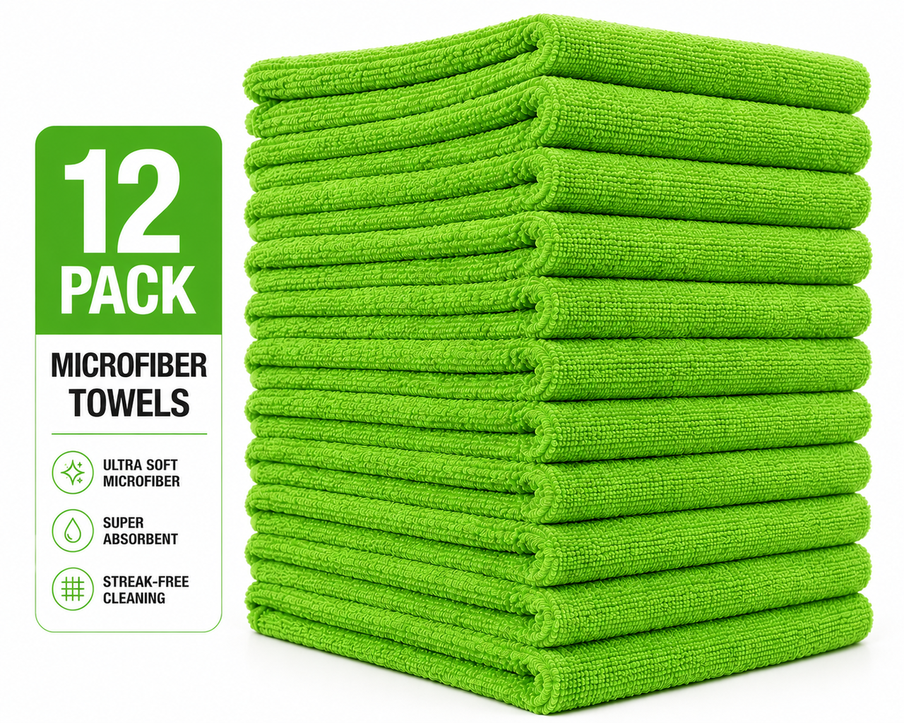 Standard Microfiber Towel Green- 300 Gsm - 16" X 16", Dozen