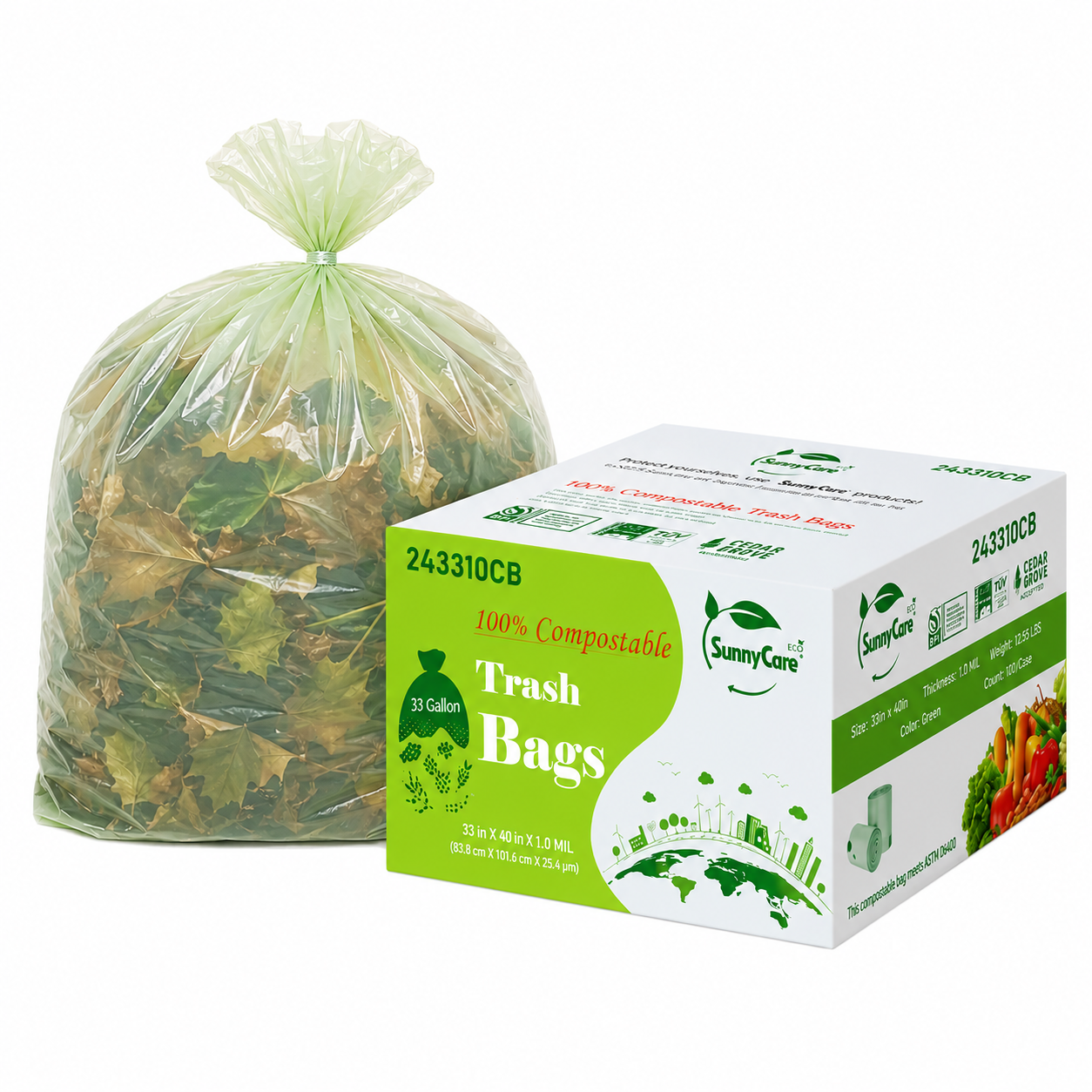 SunnyCare® 24 x 33 Compostable trash bag 1.0 Mil, 250/ CAse (light green Color) BPI Certified