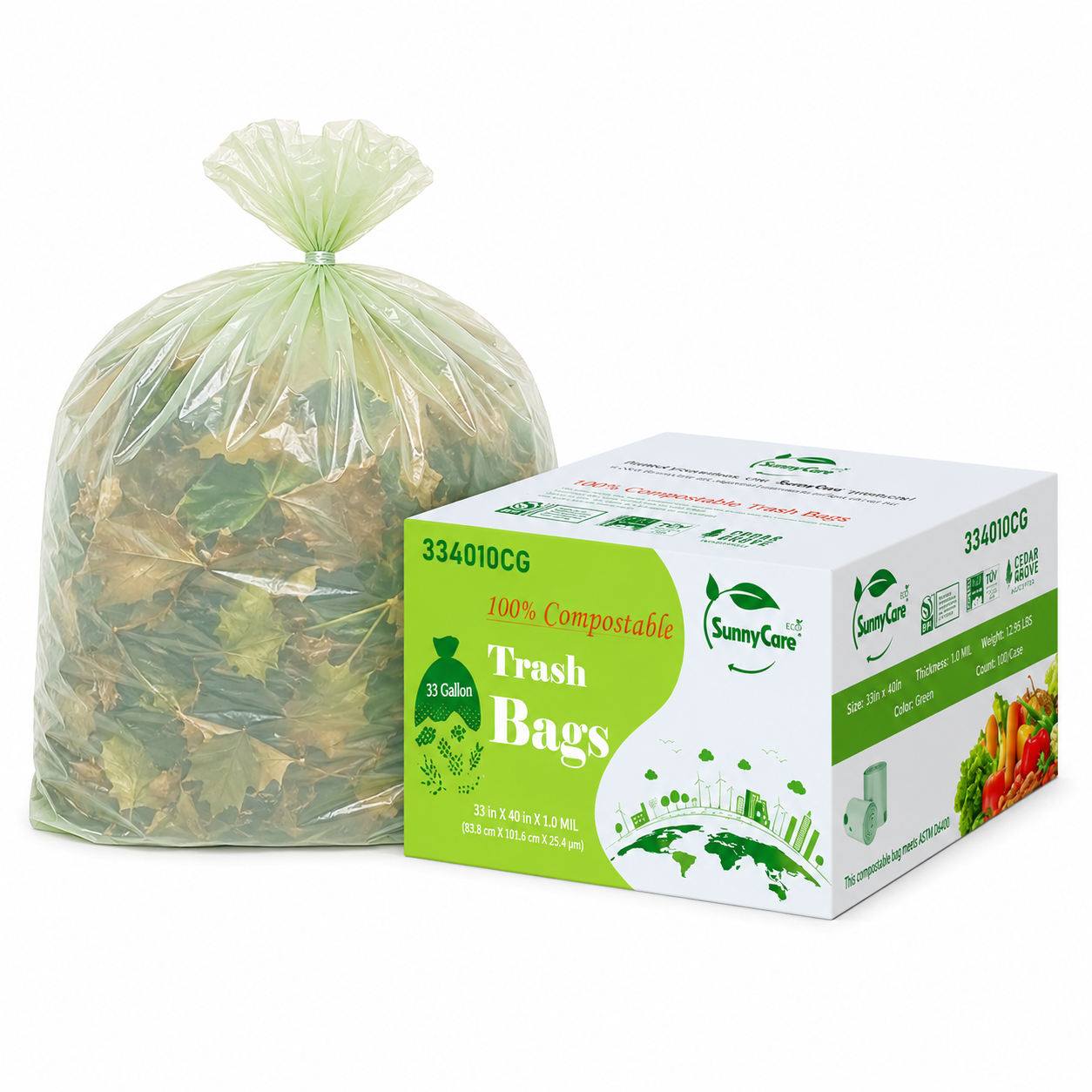 SunnyCare® 33 x 40 Compostable trash bag, 1.0 Mil, 100/Case  (light green Color) BPI Certified