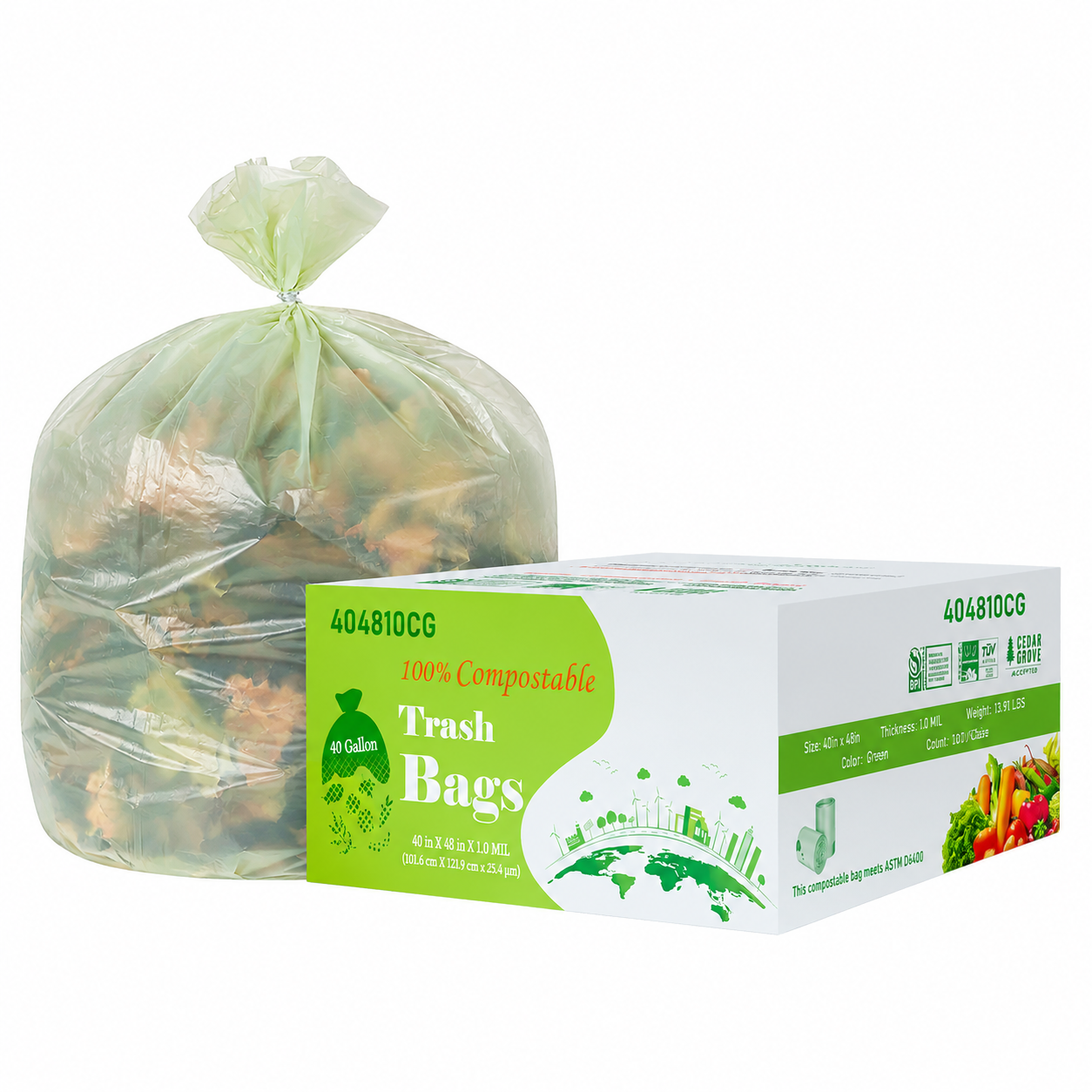 SunnyCare® 40 x 48 Compostable trash bag, 1.0 Mil  100/ Case  (light green Color)  BPI Certified