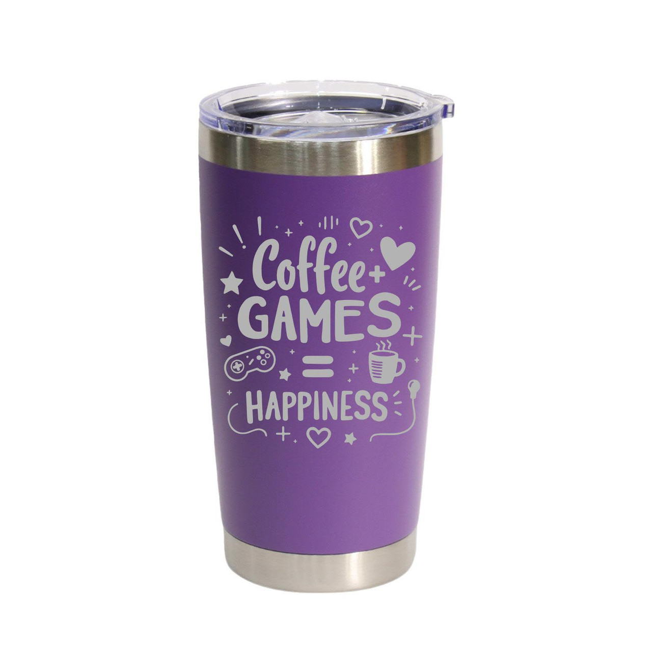'Coffee + Games = Happiness', Stainless Steel Tumbler, 20 Oz., Choose Your Color, Made4You