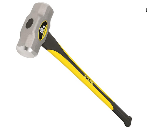 Truper 10 lb sledge hammer with a robust design for heavy-duty demolition, featuring a long-lasting, 36-inch hickory handle and a shock-absorbent poly guard for increased safety and durability