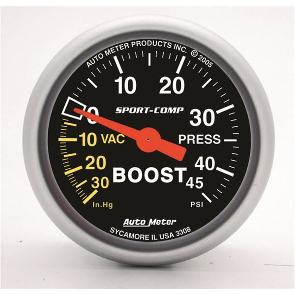 Auto Meter 3308 2-1/16" Sport-Comp Mechanical Boost/Vacuum Gauge 45 PSI