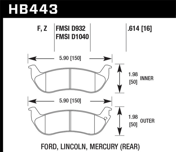 Hawk HB443F.614 HPS Disc Brake Pad 0.614 Thickness For 10-11 Ford Ranger