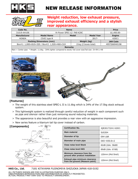 HKS 31019-AH106 Hi-Power SPEC-L2 Cat-Back Exhaust System For Honda Civic NEW