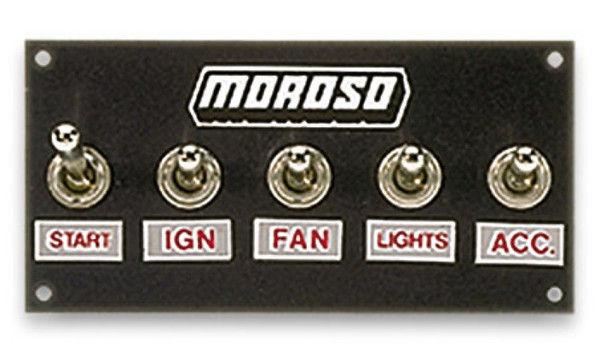 Moroso 74136 Switch Panel Aluminum Black 5" Wide 2.5" Tall 5 Toggle Switches
