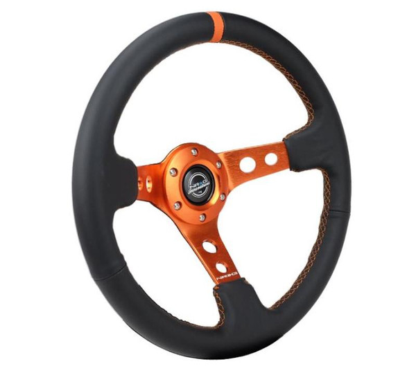 NRG Reinforce Steering Wheel (350mm / 3in. Deep) Blk Leather, Orange Center Mark w/ Orange Stitching - RST-006OR