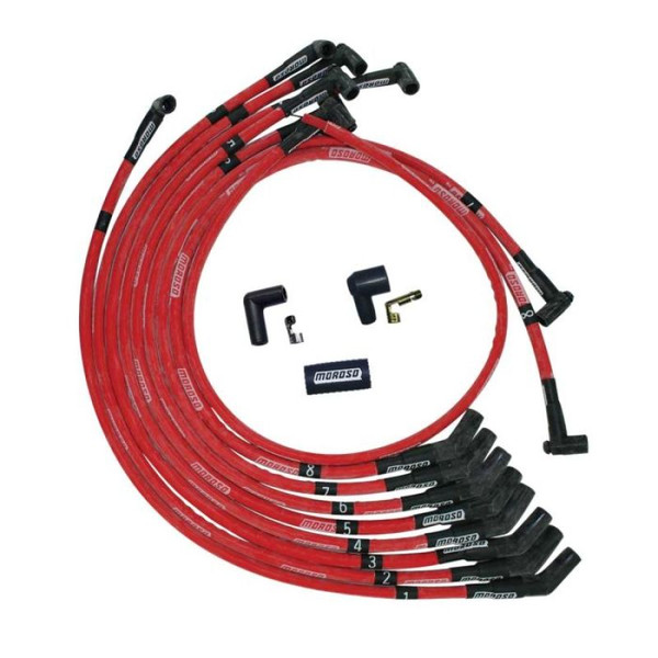 Moroso SB Ford 351W 135 Deg Plug Boots HEI Sleeved Ultra Spark Plug Wire Set - Red - 52572