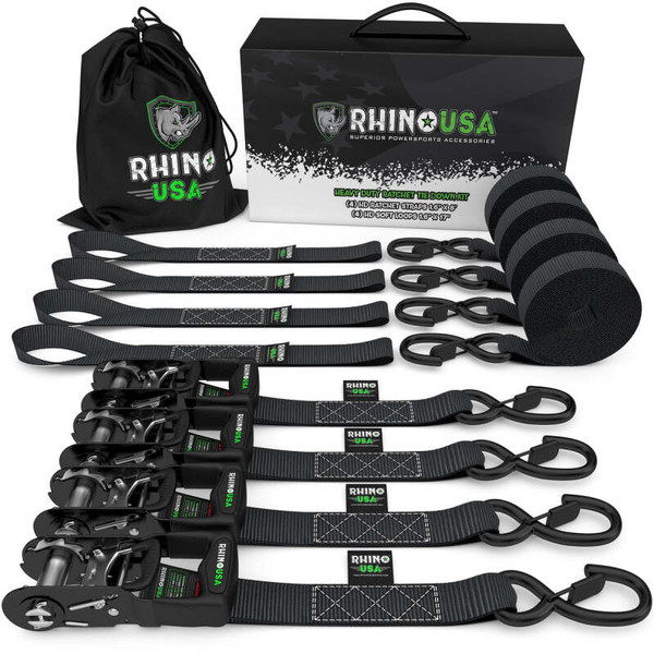 Rhino USA Heavy Duty Ratchet Tie-Down 4-Pack (Black) 1.6In X 8Ft - HD-RATCHETKIT-4PK