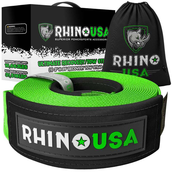 Rhino USA Recovery Tow Strap 3Inx30Ft (Green) - RG-TS3X30-GRN