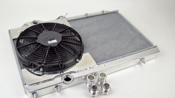 CSF fits 96-07 Mitsubishi Evo 4/5/6/7/8/9 Full-Slim Radiator w/12in Fan & Shroud/-16AN & Slip On Fitting - 7075