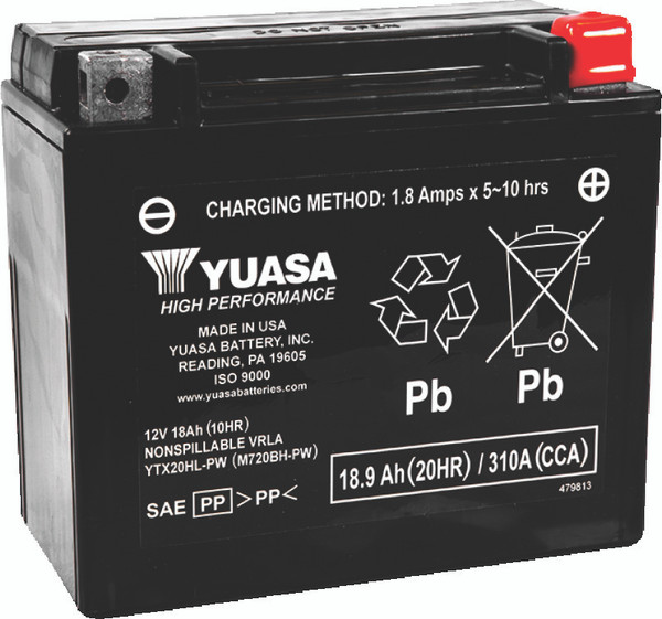 Yuasa YTX20HL-PW Maintenance Free AGM 12-Volt Battery - YUAM720BH-PW