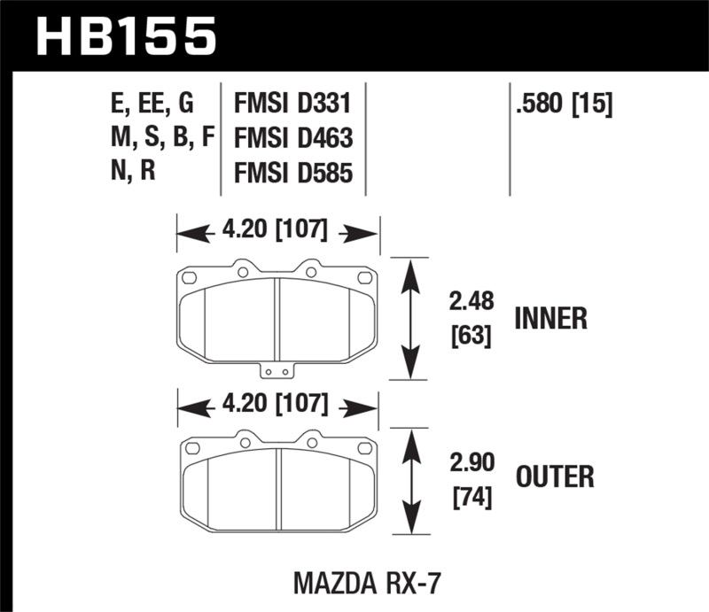 Hawk HB155B.580 HPS 5.0 Disc Brake Pad 0.580 Thickness