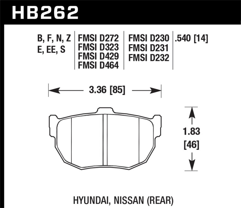 Hawk HB262F.540 HPS Street Brake Pads Rear For 98-00 Hyundai Elantra NEW