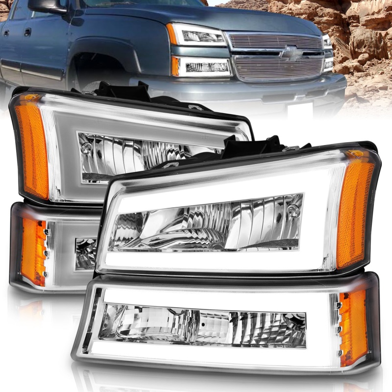 Anzo 111502 Crystal Headlight Set - Chrome Housing with Light Bar (Pair) NEW