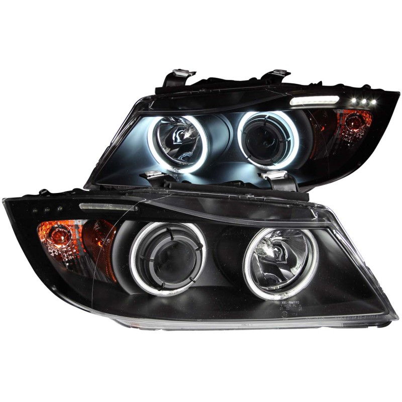 ANZO fits 2006-2008 BMW 3 Series E90-E91 Projector Headlights w/ Halo w/ LED Bar Black (CCFL) - 121335