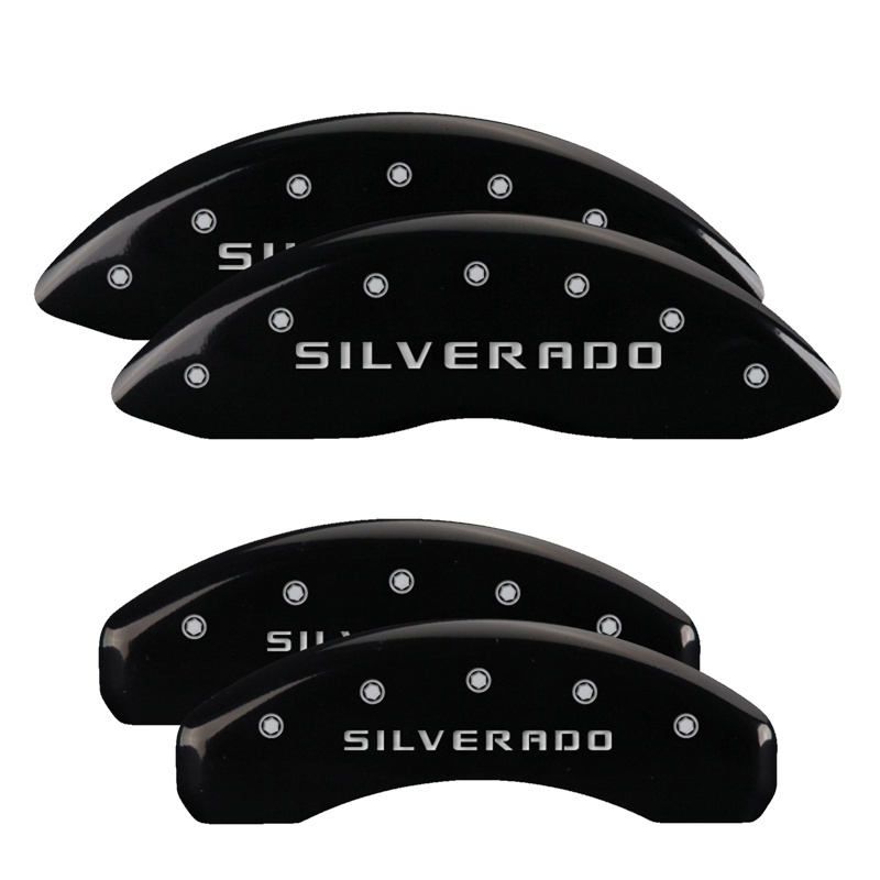 MGP 4 Caliper Covers Engraved Front & Rear Silverado Black finish silver ch - 14005SSILBK