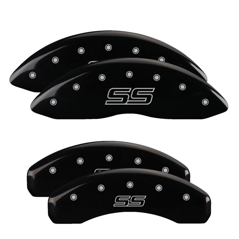 MGP 4 Caliper Covers Engraved Front & Rear Trailblazer style/SS Black finish silver ch - 14030STSSBK
