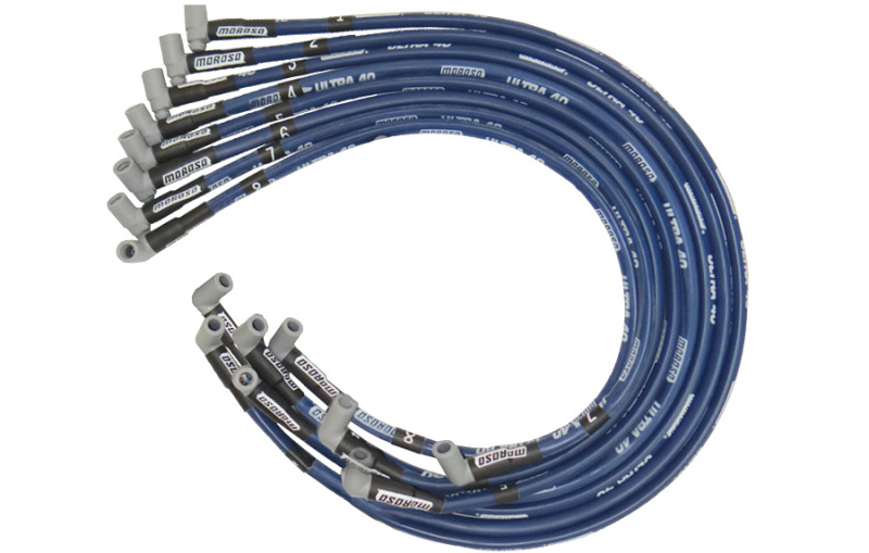 Moroso 73616 Spark Plug Wire Set Ultra 40 Spiral Core 8.65mm Sleeved Blue 90 Deg