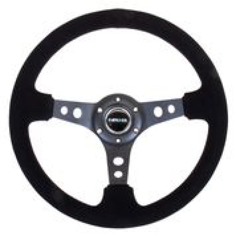 NRG Reinforced Steering Wheel (350mm / 3in. Deep) Blk Suede/Blk Stitch w/Black Circle Cutout Spokes - RST-006-S