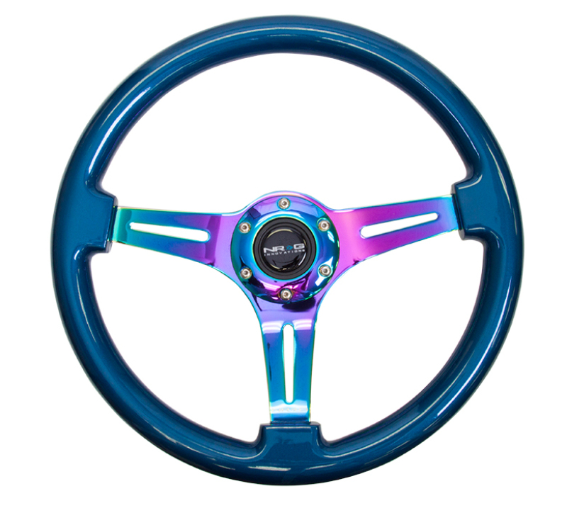 NRG Classic Wood Grain Steering Wheel (350mm) Blue Pearl/Flake Paint w/Neochrome 3-Spoke Center - ST-015MC-BL