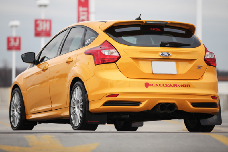 Rally Armor 12-19 Ford Focus ST / 16-19 RS Black UR Mud Flap w/ Tangerine Scream Logo - MF27-UR-BLK/TS