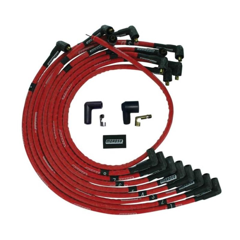 Moroso SBC Over Valve Cover 90Deg Plug Non-HEI Sleeved Ultra Spark Plug Wire Set - Red - 52526