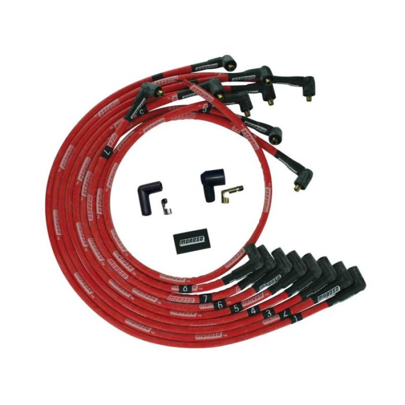Moroso BBC Under Header 90 Deg Plug Boots Non-HEI Sleeved Ultra Spark Plug Wire Set - Red - 52544