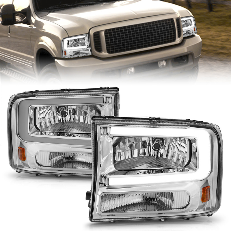 ANZO 99-04 Ford F250/F350/F450/Excursion (excl. 99) Crystal Headlights - w/ Light Bar Chrome Housing - 111550