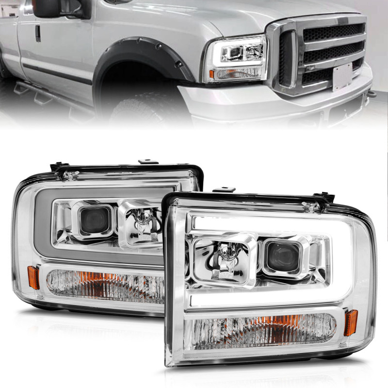 ANZO 99-04 Ford F250/F350/F450/Excursion (excl 99) Projector Headlights - w/Light Bar Chrome Housing - 111552