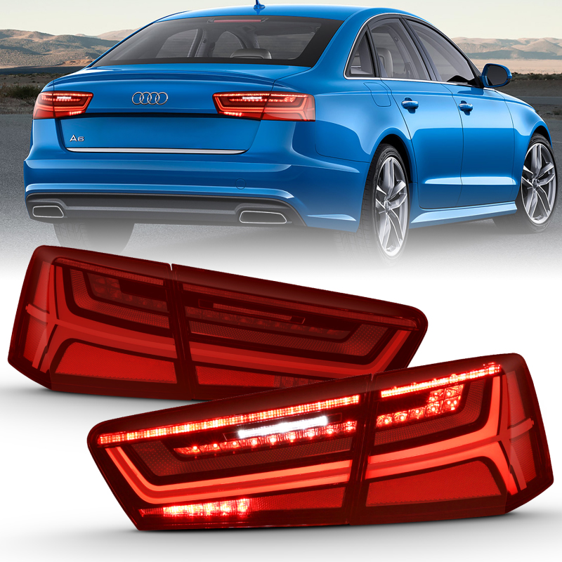 ANZO 2012-2018 Audi A6 LED Taillight Black Housing Red/Clear Lens 4 pcs (Sequential Signal) - 321353