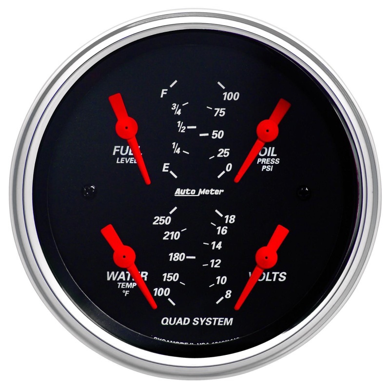 Autometer Designer Black 3-3/8in Quad Gauge - Fuel Level/Oil Pressure/Water Temperature/Voltmeter - 1412