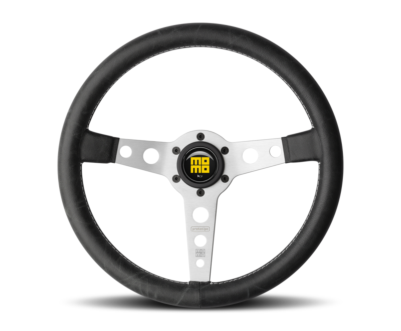 Momo Prototipo Steering Wheel 350 mm - Black Leather/White Stitch/Brshd Spokes - PRH35BK0S