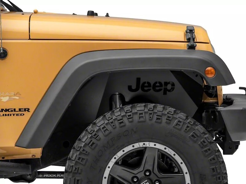 Officially Licensed Jeep 07-18 Wrangler JK Aluminum Inner Fender Liners w/ Jeep Logo- Front-Txt Blk - OLJJ157737