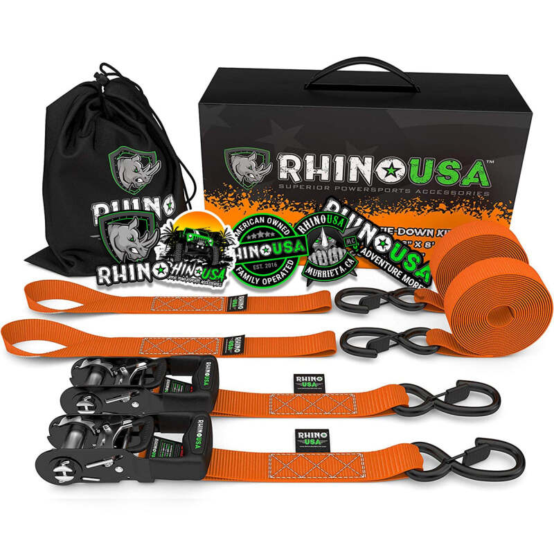 Rhino USA Heavy Duty Ratchet Tie-Downs 2-Pack (Orange) 1.6In X 8Ft - HDKIT-2PK-ORG