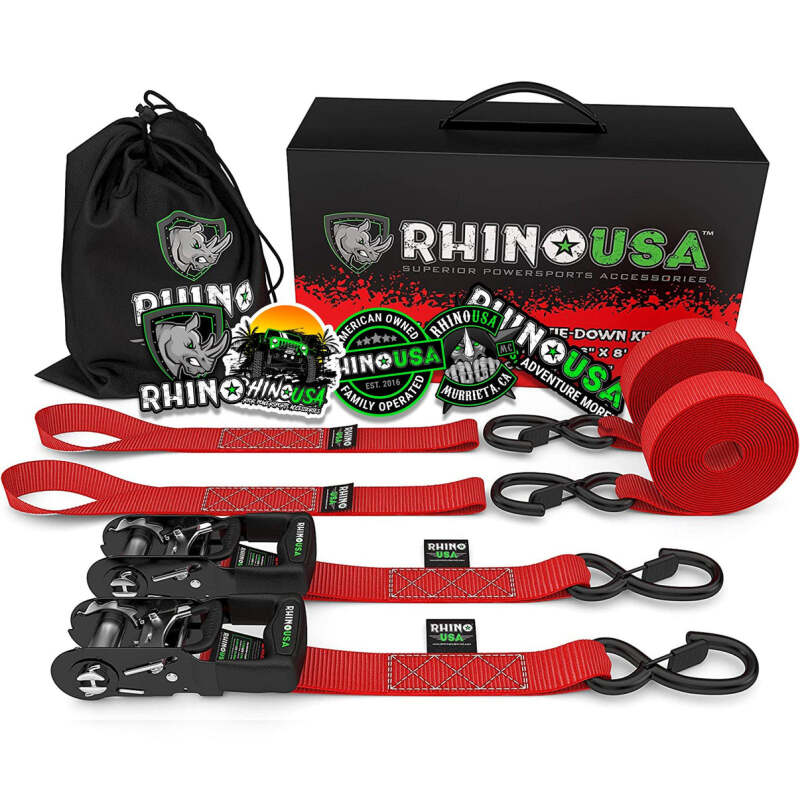 Rhino USA Heavy Duty Ratchet Tie-Downs 2-Pack (Red) 1.6In X 8Ft - HDKIT-2PK-RED