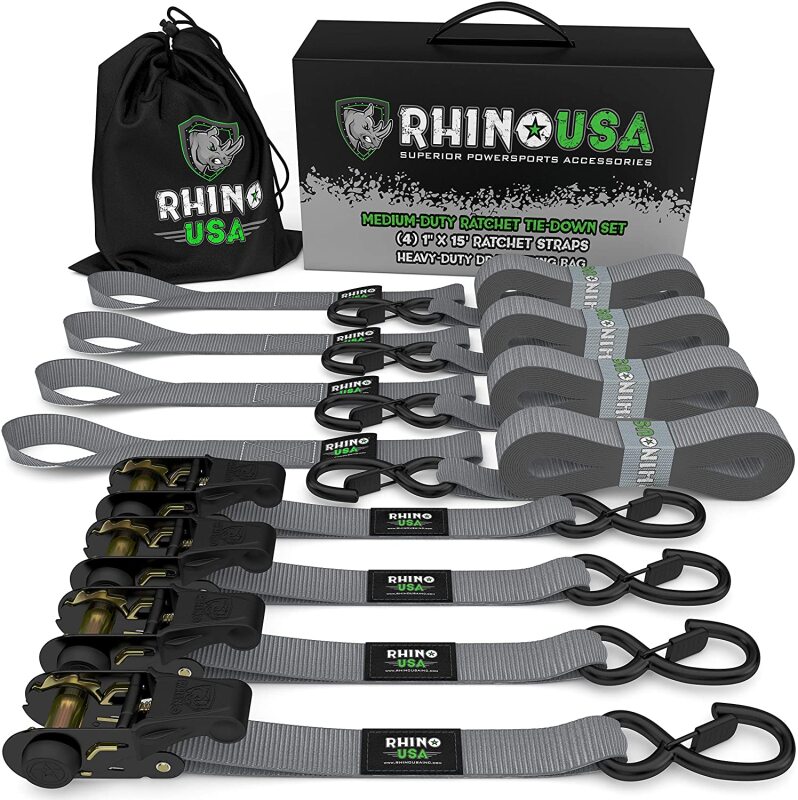 Rhino USA Medium Duty Ratchet Strap Tie-Down 4-Pack (Gray) - RCHT-4PACK-GRY
