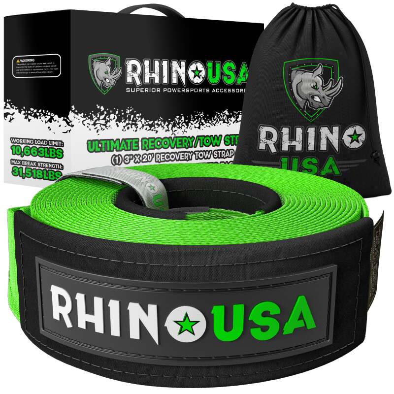 Rhino USA Recovery Tow Strap 3Inx30Ft (Green) - RG-TS3X30-GRN