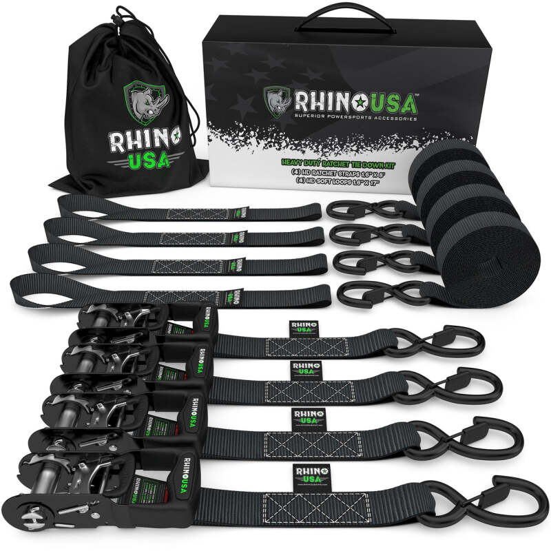 Rhino USA Heavy Duty Ratchet Tie-Down 4-Pack Black 1.6In X 15Ft - TD-GC1.6X15-BLK