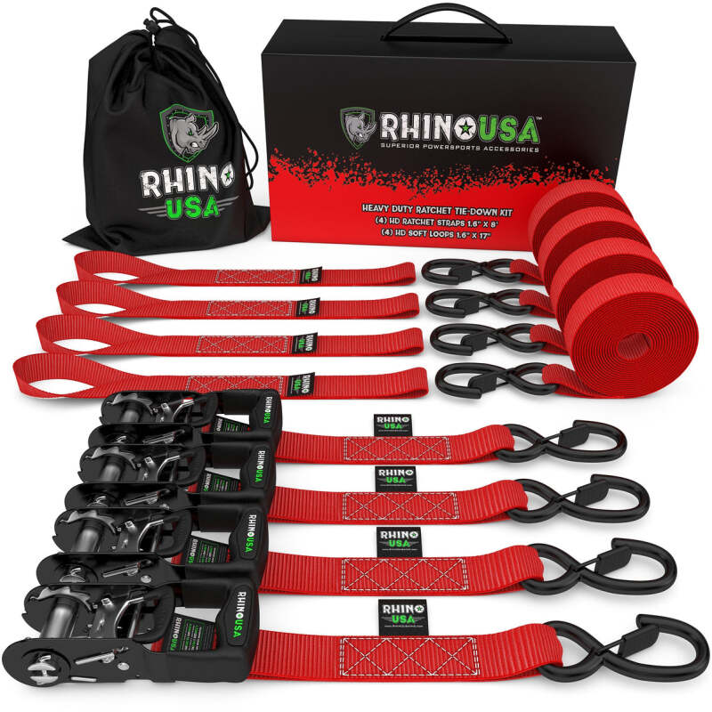 Rhino USA Heavy Duty Ratchet Tie-Down 4-Pack Red 1.6In X 15Ft - TD-GC1.6X15-RED
