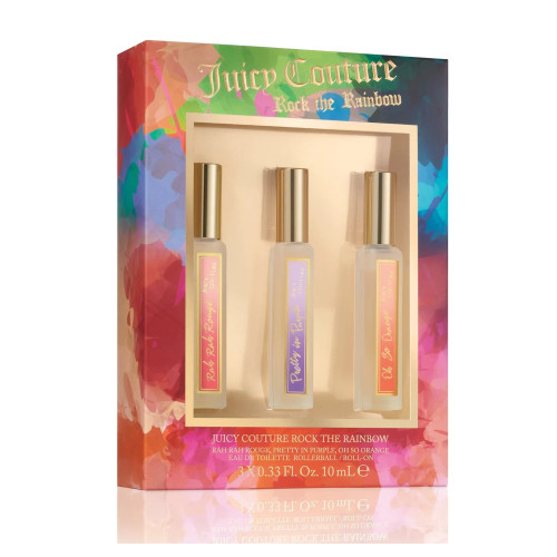 JUICY COUTURE 3 PCS ROLLERBALL SET FOR WOMEN: RAH RAH ROUGE 0.33 EAU DE TOILETTE ROLLERBALL + PRETTY IN PURPLE 0.33 EAU DE TOILETTE ROLLERBALL + PALM TREES PLEASE 0.33 EAU DE TOILETTE ROLLERBALL