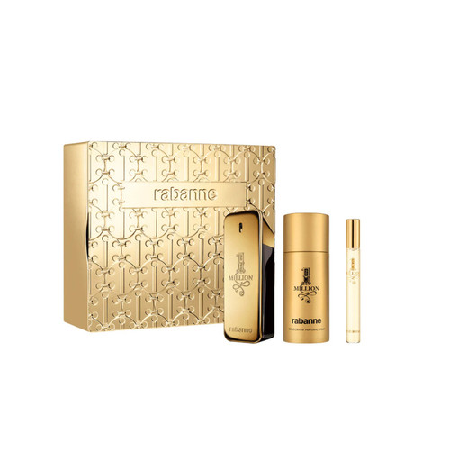PACO RABANNE ONE MILLION 3 PCS SET FOR MEN: 3.4 EAU DE TOILETTE SPRAY + 5.1 DEODORANT SPRAY + 0.34 EAU DE TOILETTE SPRAY.