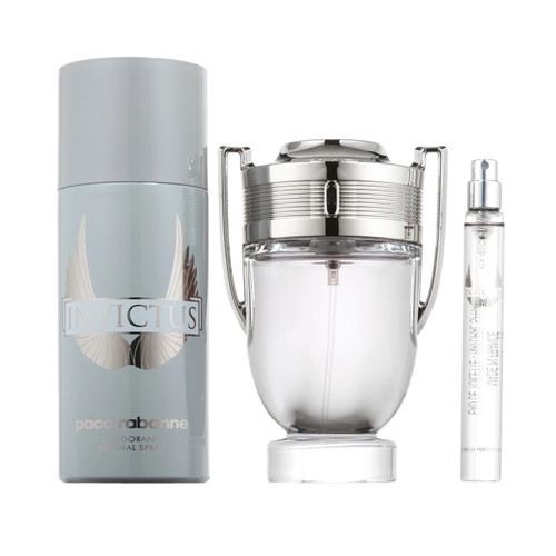 PACO RABANNE INVICTUS 3 PCS SET FOR MEN: 3.3 EAU DE TOILETTE SPRAY + 5 OZ DEODORANT SPRAY + 0.33 EAU DE TOILETTE SPRAY