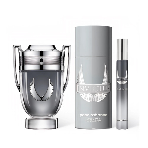PACO RABANNE INVICTUS PLATINUM 3 PCS SET FOR MEN: 3.4 EAU DE PARFUM SPRAY + 5 OZ DEODORANT SPRAY + 0.34 EAU DE PARFUM SPRAY
