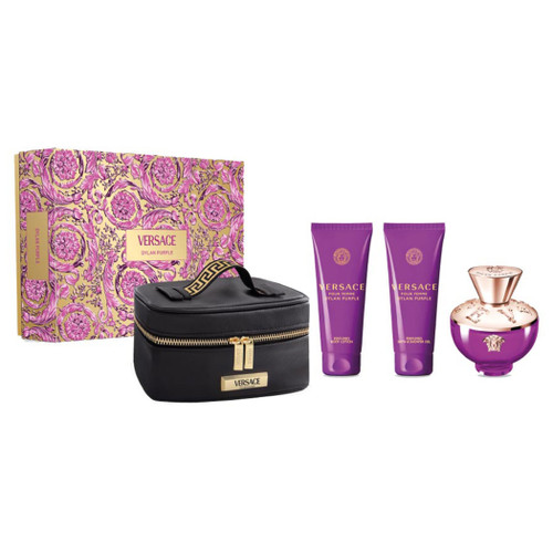 VERSACE DYLAN PURPLE 4 PCS SET FOR WOMEN: 3.4 EAU DE PARFUM SPRAY + 3.4 SHOWER GEL + 3.4 BODY LOTION + BEAUTY CASE