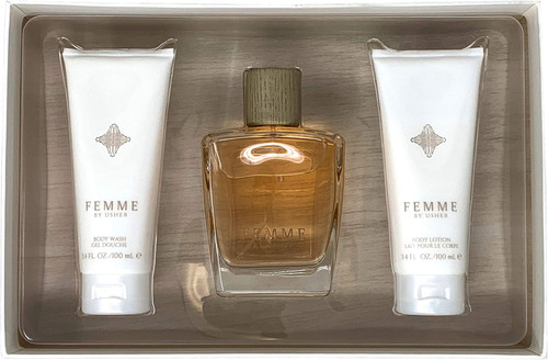 USHER FEMME 3 PCS SET: 3.4 EAU DE PARFUM SPRAY + 3.4 SHOWER GEL + 3.4 BODY LOTION