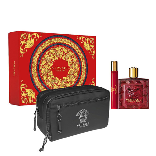 VERSACE EROS FLAME 3 PCS SET FOR MEN: 3.4 EAU DE PARFUM + 0.3 EAU DE PARFUM + POUCH